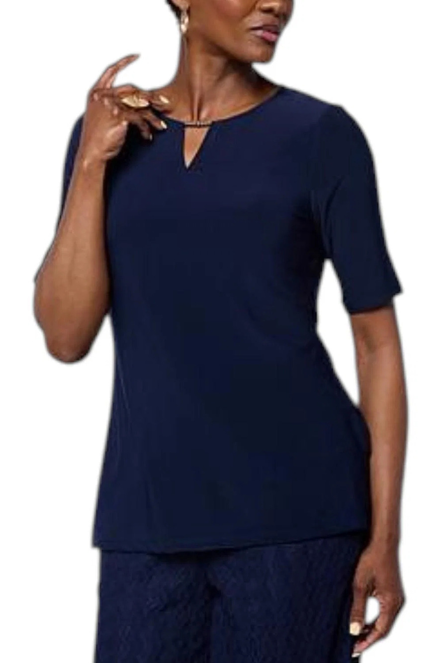 Nina Leonard Women's Elbow-Sleeve Top w/ Notch Neck Navy - Regular